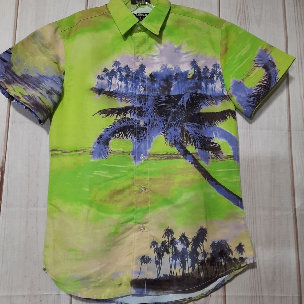 Carbon Men's Multicolor Small Size Beach Print‎ Slim Fit Button Down Shirt